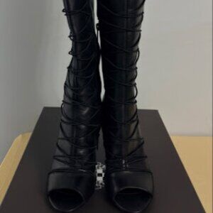 NEW - Vince Camuto Kentra Over-The-Knee Boots Black Silky Leather Peep Toe 7.5M